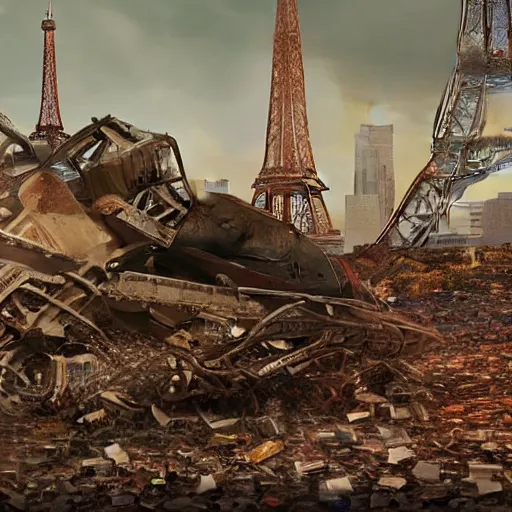 Image similar to A beautiful intricate 8K award-winning ground-level cinematic movie photograph of the future rusting rubble of the fallen and decimated Eiffel Tower, lying in pieces on the ground, surrounded by neon and collapsing corporate video billboard displays. in the year 2050, by Bruno Delbonnel and greg rutkowski. octane render, Arri Alexa 65. Cinematic lighting