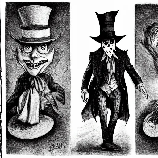 Image similar to a Pop Wonder scary horror themed goofy-hilarious-character Mad-Hatter-babadook-wearing a scarf, 3-piece-suit, dime-store-comic drawn with charcoal and pen and ink, half-tone-line-stacking