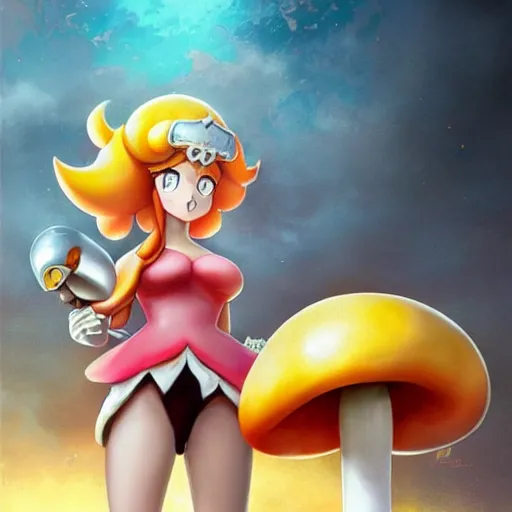 Image similar to princess peach holding a Mario mushroom made of earth and molten metal with heavy knight armor in the style of anime by Peter Mohrbacher, anime trending on artstation, HD, 4k,