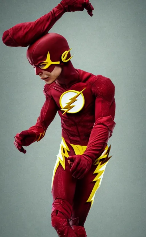 Image similar to ezra miller as flash eating popcorn, very realistic, trendin on artstation