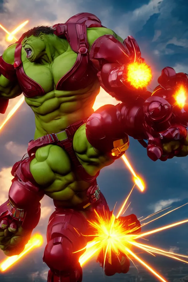 Prompt: The Hulk Buster Battles The X-Men, Action Shot, 8K, octane render, HDR, volumetric lighting, Anime Style