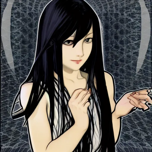 Image similar to photo of lonely young girl エウリン with straight long black hair wearing black dress that sitting on bathroom floor, model エリサヘス ・ セイモア from acquamodels. com, render by artgem and alphonse mucha for capcom co, resident evil