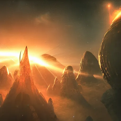 Image similar to dwarven space fleet encounters aliens in deep space, a dramatic space battle, cinematic scene, IMAX quality, 35mm, fierce, extremely moody lighting, glowing light and shadow, atmospheric, shadowy, cinematic, diffuse lighting, fantasy, intricate, elegant, highly detailed, lifelike, photorealistic