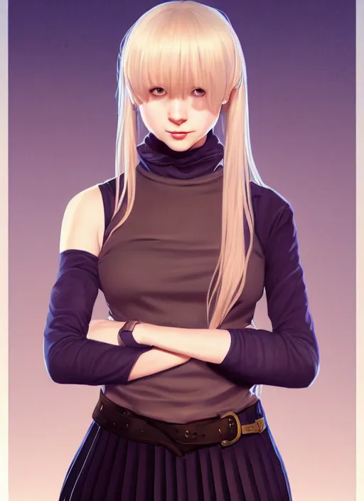 Image similar to portrait of a full body of beautiful young female detective, d & d, sleeveless turtleneck, pleated skirt, fantasy, flat lighting, intricate, highly detailed, digital painting, artstation, concept art, smooth, sharp focus, illustration, misa amane, art by simon bisley and greg rutkowski and alphonse mucha, natural tpose