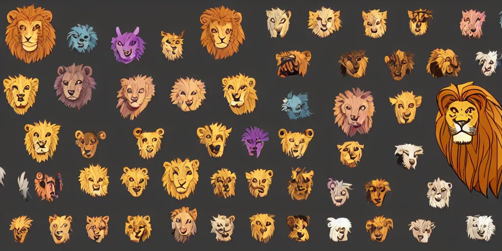 Prompt: game asset of unique lion heads on black background, organic, animated hanna barbera color palette, animated hanna barbera black inking, toon shading, 5 colors, solid colors, flat 2 d design, 2 d sprites, 8 k, close up