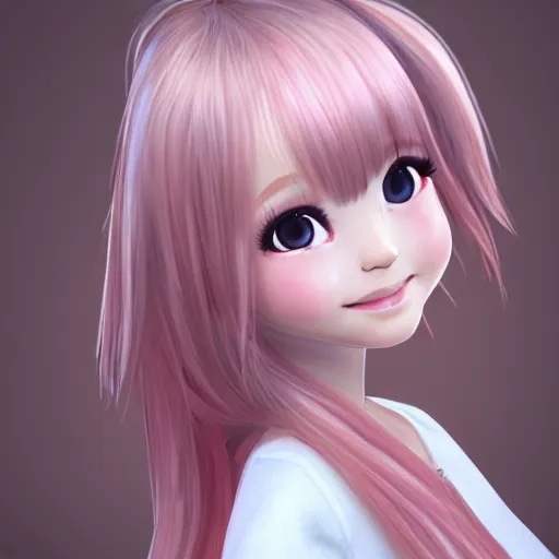 Image similar to Render of Nikki from Shining Nikki Dress-Up Game, a cute 3D young woman, long light pink hair, full bangs, full round face, hazel amber eyes, pale skin, cute freckles, light blush, Chinese heritage, smiling softly, wearing casual clothing, interior lighting, cozy living room background, medium shot, mid-shot, hyperdetailed, trending on Artstation, Unreal Engine 4k