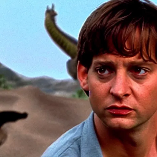 Prompt: tobey maguire in jurassic park, cinematic, dinosaur, spielberg,