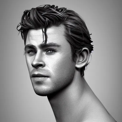Image similar to Chris Hemsworth and Timothee Chalamet crossbreed, rendered in 3D by Xie Boli, trending on artstation, 4k, 8k, photorealistic imagery, photorealistic details, intricate, highly detailed
