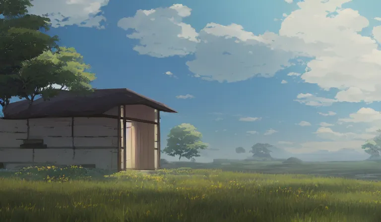 Prompt: A serene landscape with a singular building in the style of Makoto Shinkai.