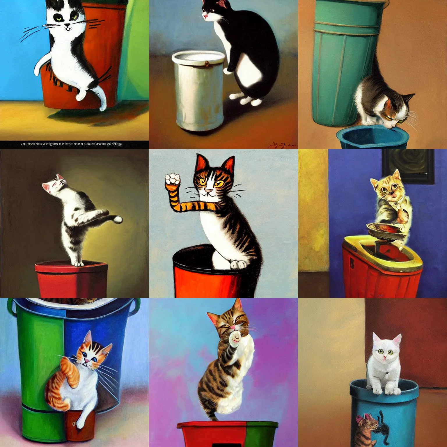 Prompt: painting of a cat dancing on a trash can by john martin, funny, happy, cute