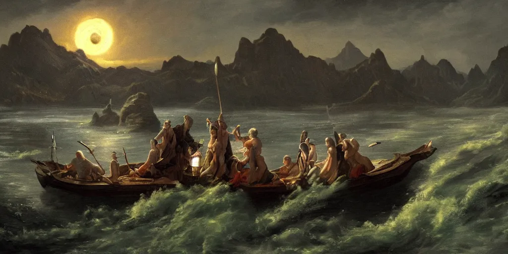 Prompt: high quality, realistic fantasy painting of Charon ferrying souls over luminescent green River Styx