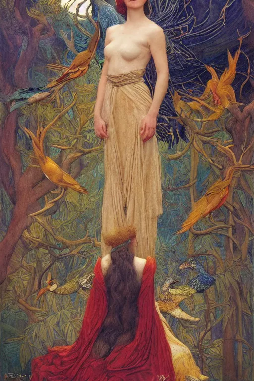 Prompt: the queen of the forest with her birds, by Annie Swynnerton and jean delville and Nicholas Roerich and Tino Rodriguez, elaborately costumed, rich color, dramatic cinematic lighting, smooth, sharp focus, extremely detailed, featured on artstation