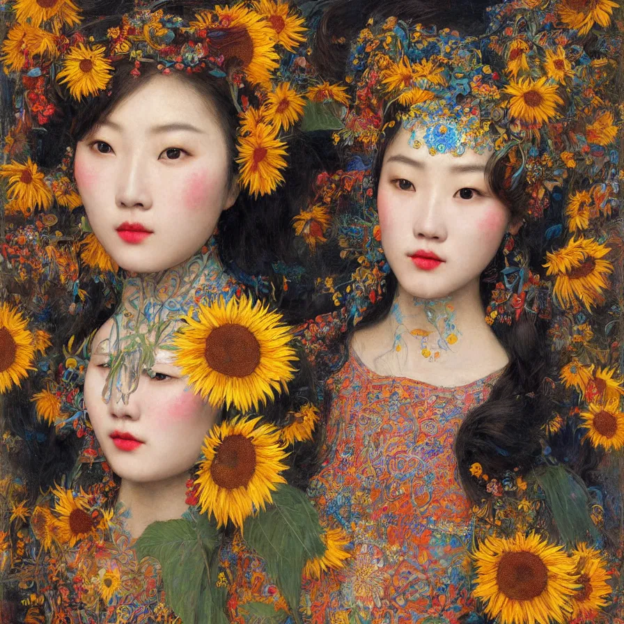 Prompt: a beautiful chinese young woman wearing colourful face paint surrounded by bright intricate patterns involving sunflowers and more, by edgar maxence and caravaggio and michael whelan, intricate painting, hyper realistic, extremely detailed and beautiful aesthetic face, 8 k resolution