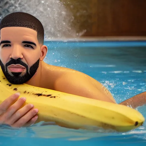 Prompt: Drake riding a big banana in a pool, 8k, sharp, high details, detailed face