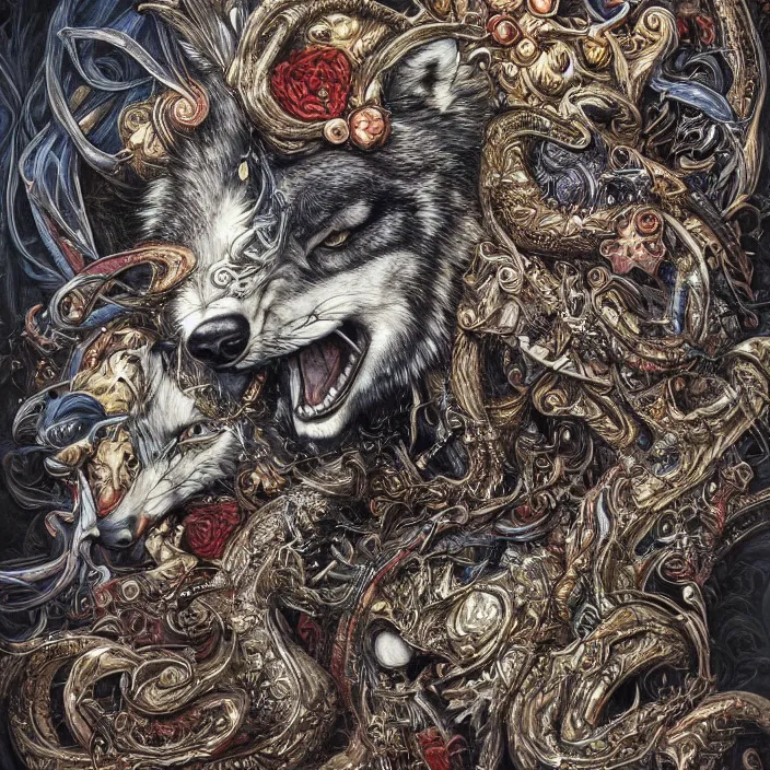 Image similar to a wolf in the style of a hard rock album art cover, in many colors, insanely detailed and intricate, hypermaximalist, elegant, ornate, luxury, elite, by james jean, by brian froud, hyper realistic, super detailed, flickr, filmic, cryengine