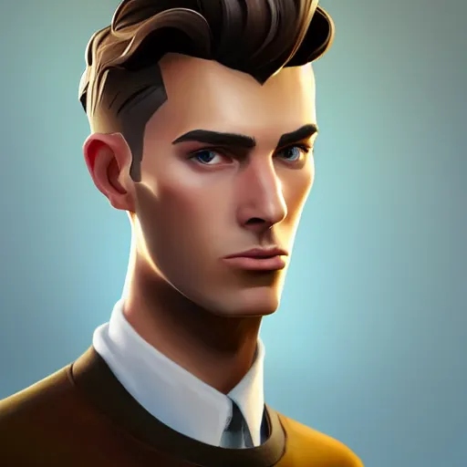 Prompt: tall man in his twenties with brown blond short quiff hair and thin slightly round facial structure with cleft chin, straight eyebrows and prominent nose, good definition of cheekbones, big hazel nut brown eyes, narrow face, slim body, atmospheric lighting, painted, unreal engine 5, fortnite, highly detailed by charlie bowater