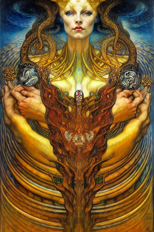 Image similar to Divine Chaos Engine by Karol Bak, Jean Delville, William Blake, Gustav Klimt, and Vincent Van Gogh, symbolist, visionary