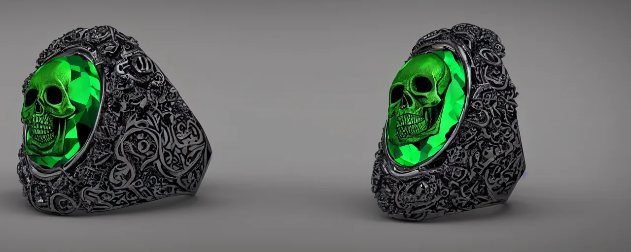 Prompt: simple magic ring of poison, ring, skull, tentacles, green, black, purple. smooth shank, crystals, engravings, product design, jewelry, colorful, art by gerald brom, greg rutkowski and artgerm, photo realism, unreal engine, c 4 d