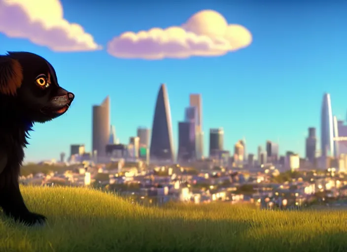 Image similar to a wholesome animation key shot of a black tibetan spaniel, perth city in the background, studio ghibli, pixar and disney animation, sharp, rendered in unreal engine 5, anime key art by greg rutkowski, bloom, dramatic lighting