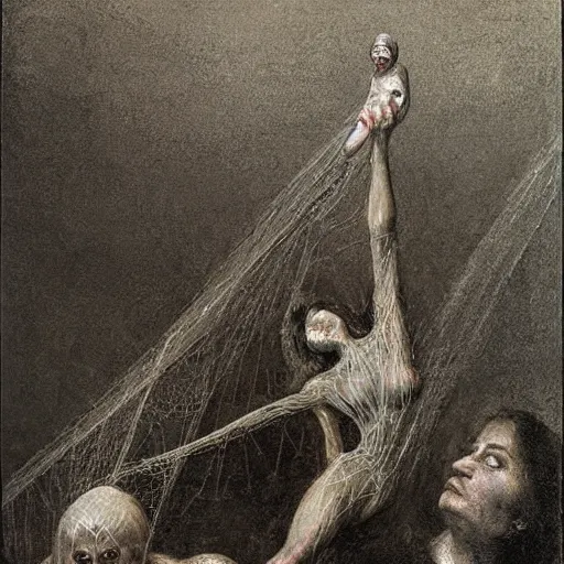 Image similar to in silvery webs, very detailed and colorful, by Odd Nerdrum, by Francisco Goya, by M.C. Escher, beautiful, eerie, surreal, psychedelic