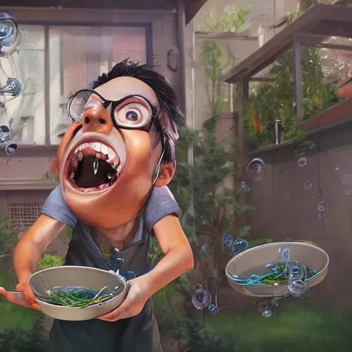 Prompt: a mad scientist in a back yard laughing happily at the spaghetti bowls which are falling from the sky , made by Stanley Artgerm Lau, WLOP, Rossdraws, ArtStation, CGSociety, concept art, cgsociety, octane render, trending on artstation, artstationHD, artstationHQ, unreal engine, 4k, 8k,