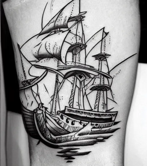 Prompt: White background tattoo design of a magical pirate ship, realism tattoo design, highly detailed tattoo, shaded tattoo, hyper realistic tattoo