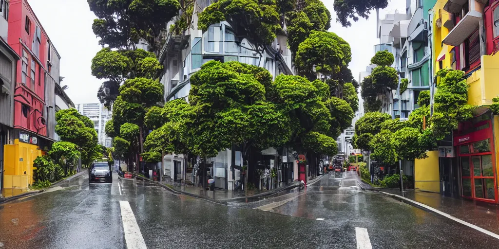 Image similar to photo of a city street in wellington, new zealand but the buildings are interspersed with ancient remnant lowland podocarp broadleaf forest full of enormous trees with astelia epiphytes and vines. rainy windy day.