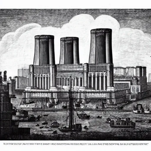 Image similar to A detailed engraving of a battersea power station in the style of piranesi