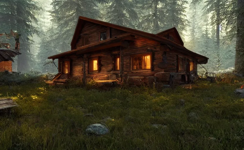 Prompt: biopunk cabin in a photorealistic forest. daylight stars. light fixtures. unreal engine. 8K. detailed. photorealism. artstation. digital render. ultra realistic