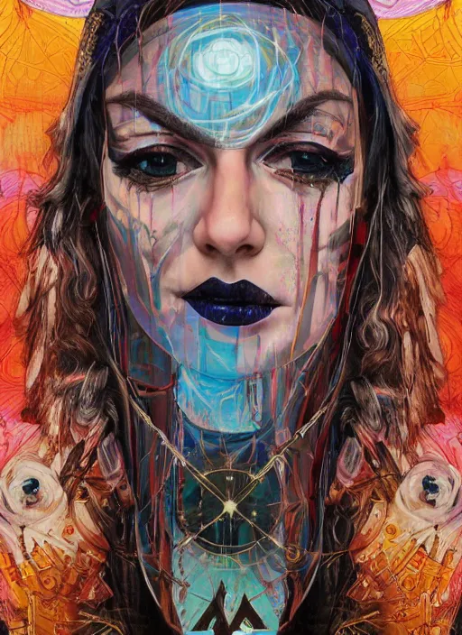 Prompt: tripping cult magic psychic woman, subjective consciousness psychedelic, epic occult ritual symbolism story iconic, dark robed witch, oil painting, robe, symmetrical face, greek dark myth, by Sandra Chevrier, Anna Dittman, masterpiece