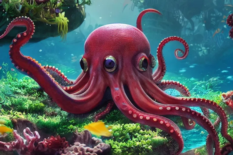 Prompt: dramatic and happy octopus swimming in a garden under the sea in the shade. trending on cgsociety, happy atmosphere, natural volumetric lighting, exaggerated detailed, wide angle, octane render, raytraced realistic