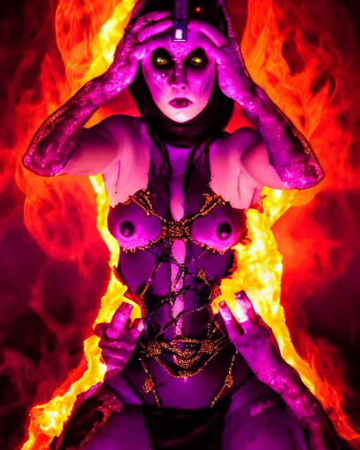 Image similar to pyromancer devil girl cover in purple death flames, deep pyro colors, purple laser lighting, award winning photograph, radiant flares, intricate, various refining methods, micro macro autofocus, evil realm magic painting vibes