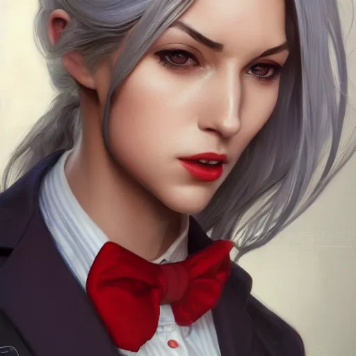 Image similar to a girl wearing a business suit, grey hair, red necktie, cinematic, twintails, stunning, highly detailed, digital painting, artstation, smooth, hard focus, full body shot, illustration, art by artgerm and greg rutkowski and alphonse mucha