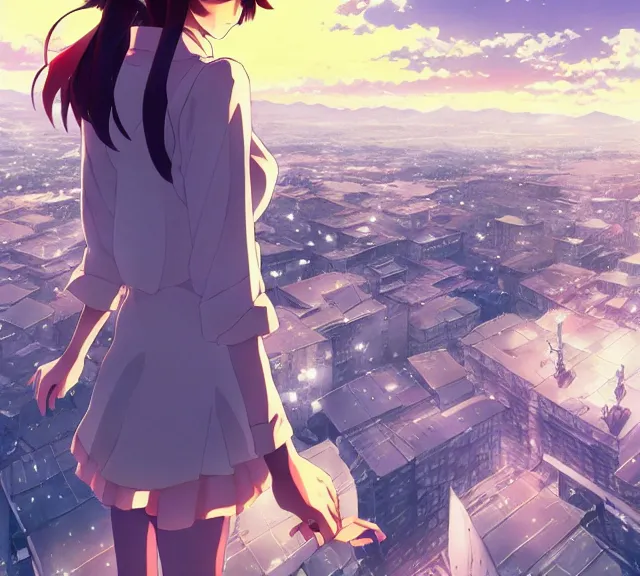 Prompt: anime visual, full body portrait of a young female sightseeing in a part above the city, beautiful face by yoh yoshinari, katsura masakazu, dramatic lighting, dynamic pose, dynamic perspective, strong silhouette, anime cels, ilya kuvshinov, cel shaded, outlined edges!!, rounded eyes, moody, detailed character