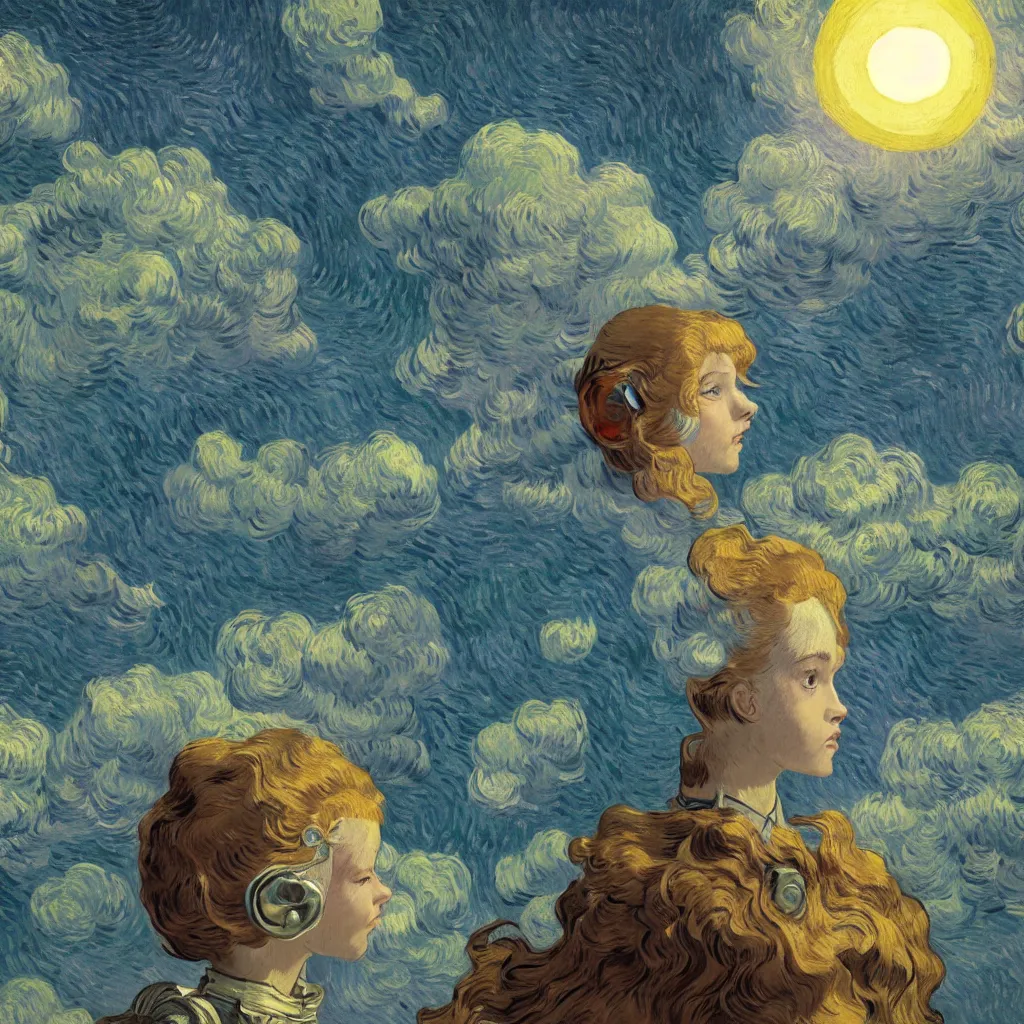 Image similar to a photo of a girl half robot, surrounded by clouds and mist, the sun shines brightly, volume light, cinematic light effect, super realistic, super wide angle, rococo ornament, cinematic, symmetrical, decorative frame, by victo ngai ， vincent van gogh, leon francois comerre, craig mullins, mucha, klimt, artstation