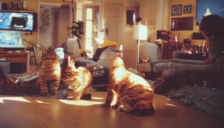 Image similar to 1990s candid 35mm photo of a beautiful day in the living room, cinematic lighting, cinematic look, golden hour, large costumed mascot space cat people interacting with families, Enormous personified space cat mascot people with outstandingly happy faces coming out of a portal and showing families how to teleport, cats playing futuristic video games in the background, UHD