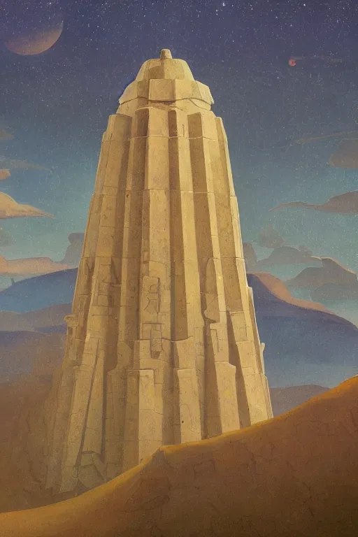 Image similar to painted tower of the moon, by Sylvain Sarrailh and Nicholas Roerich and Annie Swynnerton, dramatic cinematic lighting , beautiful tilework, ornate architecture, sacred artifacts, lost civilizations, smooth, sharp focus, extremely detailed