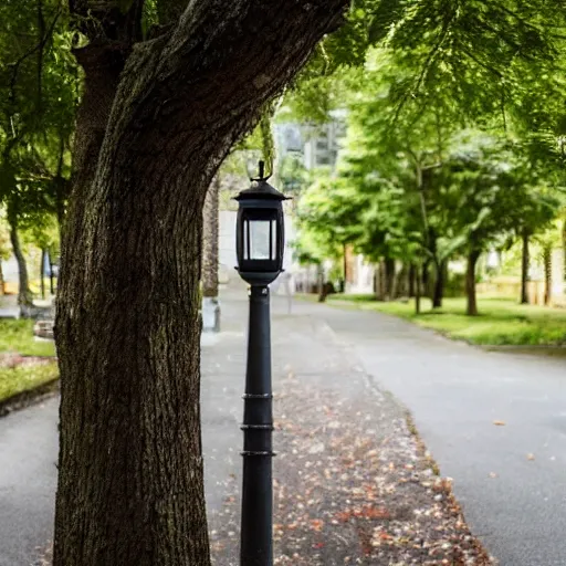 Image similar to lonely old lantern on empty modern street around trees brunches at night