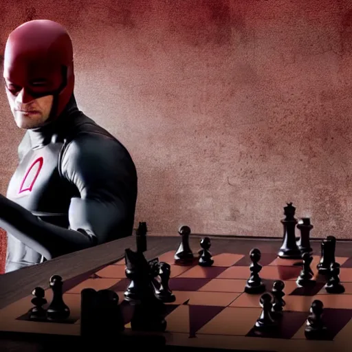 Image similar to daredevil from marvel playing chess, octane, realistic photograph