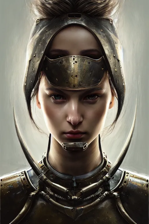 Image similar to a photorealistic painting of an attractive young girl, partially clothed in metal-plated battle armor, olive skin, long dark hair, beautiful bone structure, symmetrical face, perfect eyes, intricate, elegant, digital painting, concept art, illustration, sharp focus, minimal artifacts, from Metal Gear, in the style of Ruan Jia and Mandy Jurgens and Greg Rutkowski, trending on Artstation, award winning