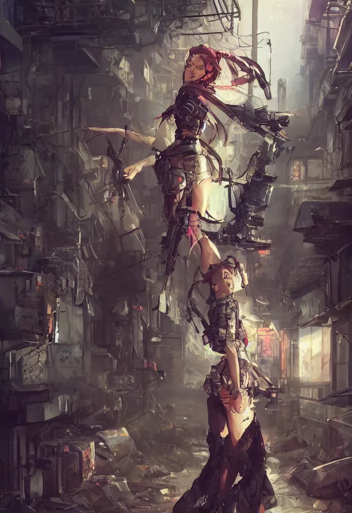 Prompt: Beautiful science fiction warrior princess full body portrait, set in post apocalyptic Tokyo alleyway, glorious sunlight, colors and shadows, D&D, fantasy, highly detailed, digital painting, artstation, concept art, sharp focus, illustration, in style of Artgerm and KyuYong Eom and Mansik Yang and WLOP and Greg Rutkowski and Paul Chadeisson