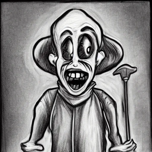 Prompt: a scary horror themed goofy-janitor, drawn with charcoal and pen and ink, half-tone-line-stacking