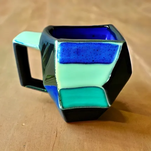 Prompt: brightly colored icosahedron triangle ceramic mug with iridescent glaze