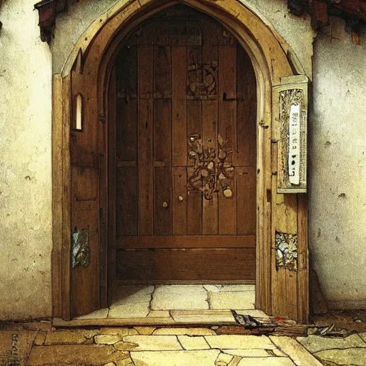 Prompt: an oak door in a medieval building with a terrible secret behind it by stanley artgerm lau, greg rutkowski, thomas kindkade, alphonse mucha, loish, norman rockwell.