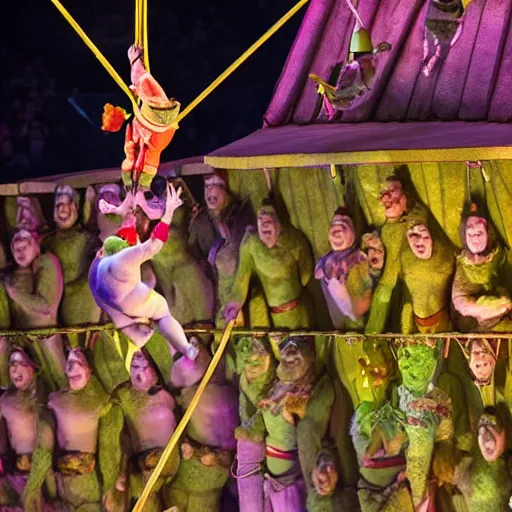 Prompt: shrek on a trapeze, swinging midair, at a cirque du soleil show, stage lighting, action shot, 4 k, high res