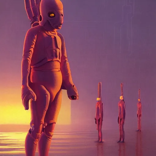 Image similar to unsettling, noble rubbery albino with thin lips, huge eyes and suspicious expression, wearing science fiction police uniform by docks at sunset, by deak ferrand, wayne barlowe, simon stalenhag, and greg rutkowski