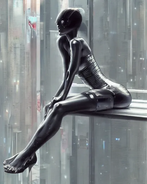 Image similar to a picture of a woman sitting on a ledge, cyberpunk art by hajime sorayama, cgsociety, figurative art, airbrush art, made of liquid metal, synthwave