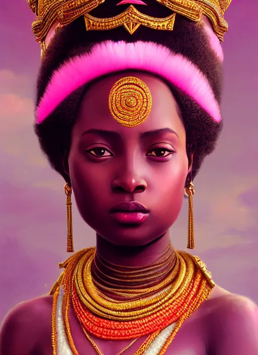 Prompt: stunning african godess princess, detailed pink and white feathers head peace against a black backdrop by ivan aivazovsky, 3 / 4 view portrait, wlop, super sharp details, photorealism, canon 5 d, 5 0 mm lens, stunning photoshot, beautiful soft lighting, muted colours, artstation
