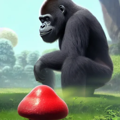 Prompt: a wholesome animation key shot of a gorilla holding a very small red mushroom, chilled out smirk on face, studio ghibli, pixar and disney animation, sharp, rendered in unreal engine 5, anime key art by greg rutkowski, bloom, dramatic lighting, made by banksy