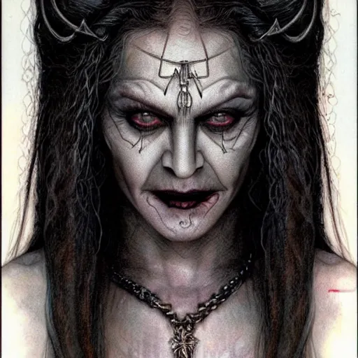 Image similar to head and shoulders portrait of an evil, black - skinned night hag portrayed by madonna, d & d, fantasy, luis royo, magali villeneuve, donato giancola, wlop, krenz cushart